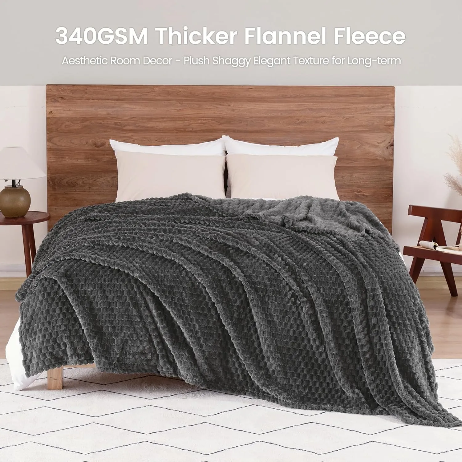 David's Home Ultra Soft Fleece Blanket Twin Size, Warm Lightweight 3D Jacquard Flannel Blanket for Fall Winter, Fluffy Cozy Luxury Plush Suitable for Bed Room Decor,66"x90", Dark Grey