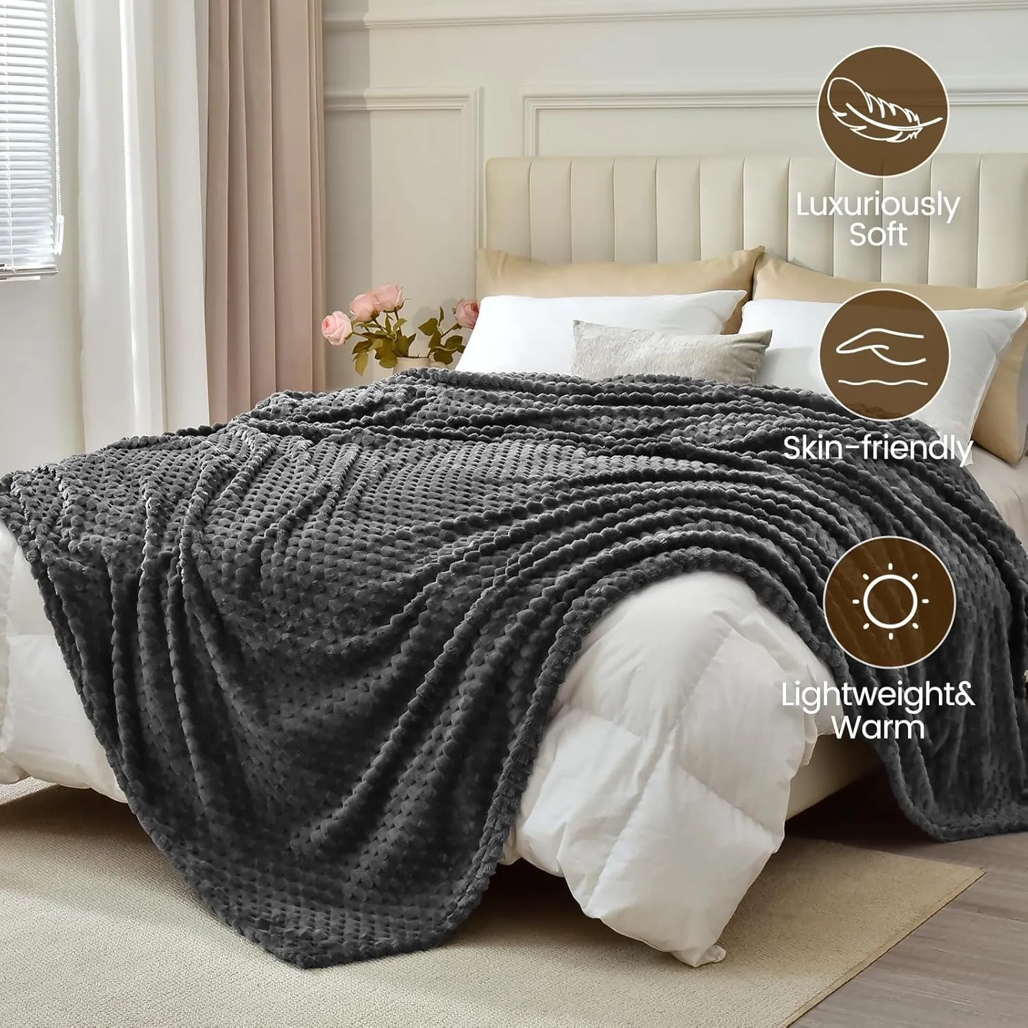 David's Home Ultra Soft Fleece Blanket Twin Size, Warm Lightweight 3D Jacquard Flannel Blanket for Fall Winter, Fluffy Cozy Luxury Plush Suitable for Bed Room Decor,66"x90", Dark Grey