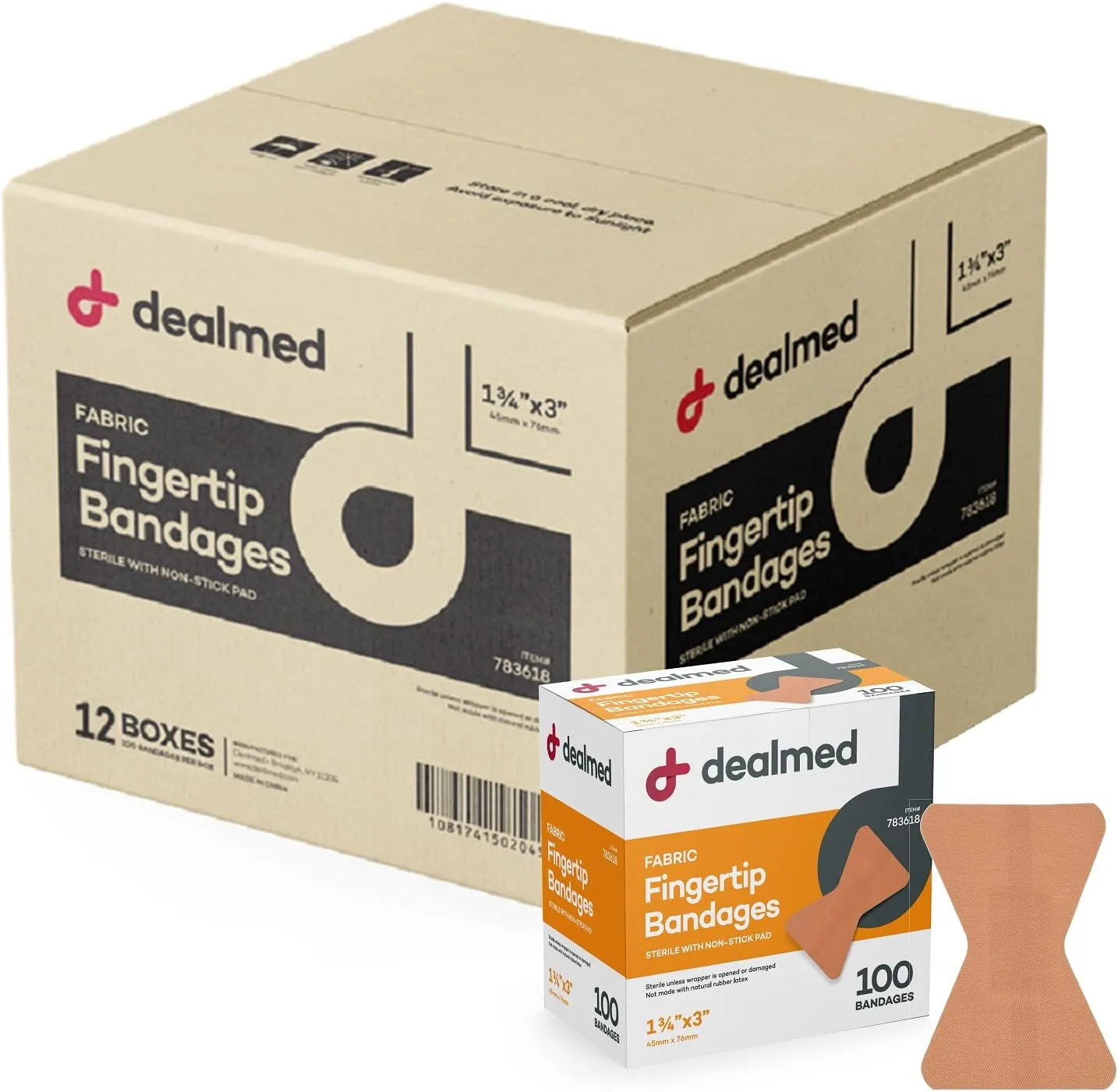 Dealmed Fabric Fingertip Flexible Adhesive Bandages – 100 Count (12 Pack) Bandages with Non-Stick Pad, Latex Free, Wound Care for First Aid Kit, 1-3/4" x 3"