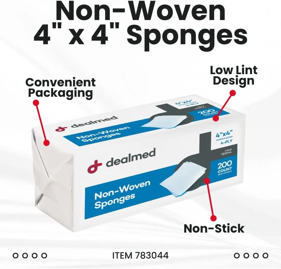 Dealmed Non-Woven Gauze Sponges - 4-Ply, 4" x 4" All-Purpose Non-Sterile Absorbent Dental Gauze Wound Care for First Aid Kit/Medical Facilities, 200 Count (Pack of 4)