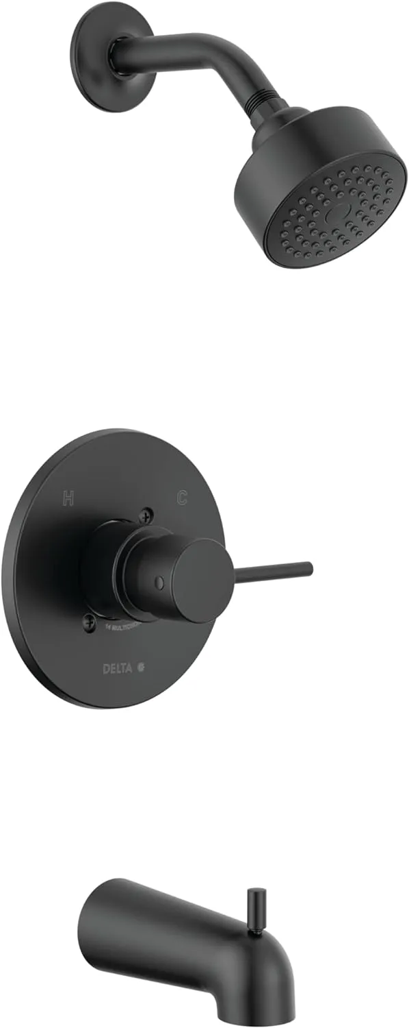 Delta Faucet Modern 14 Series Matte Black Shower Faucet, Tub and Shower Trim Kit with Single-Spray Touch-Clean Black Shower Head, Matte Black T14459-BL-PP (Valve Not Included)
