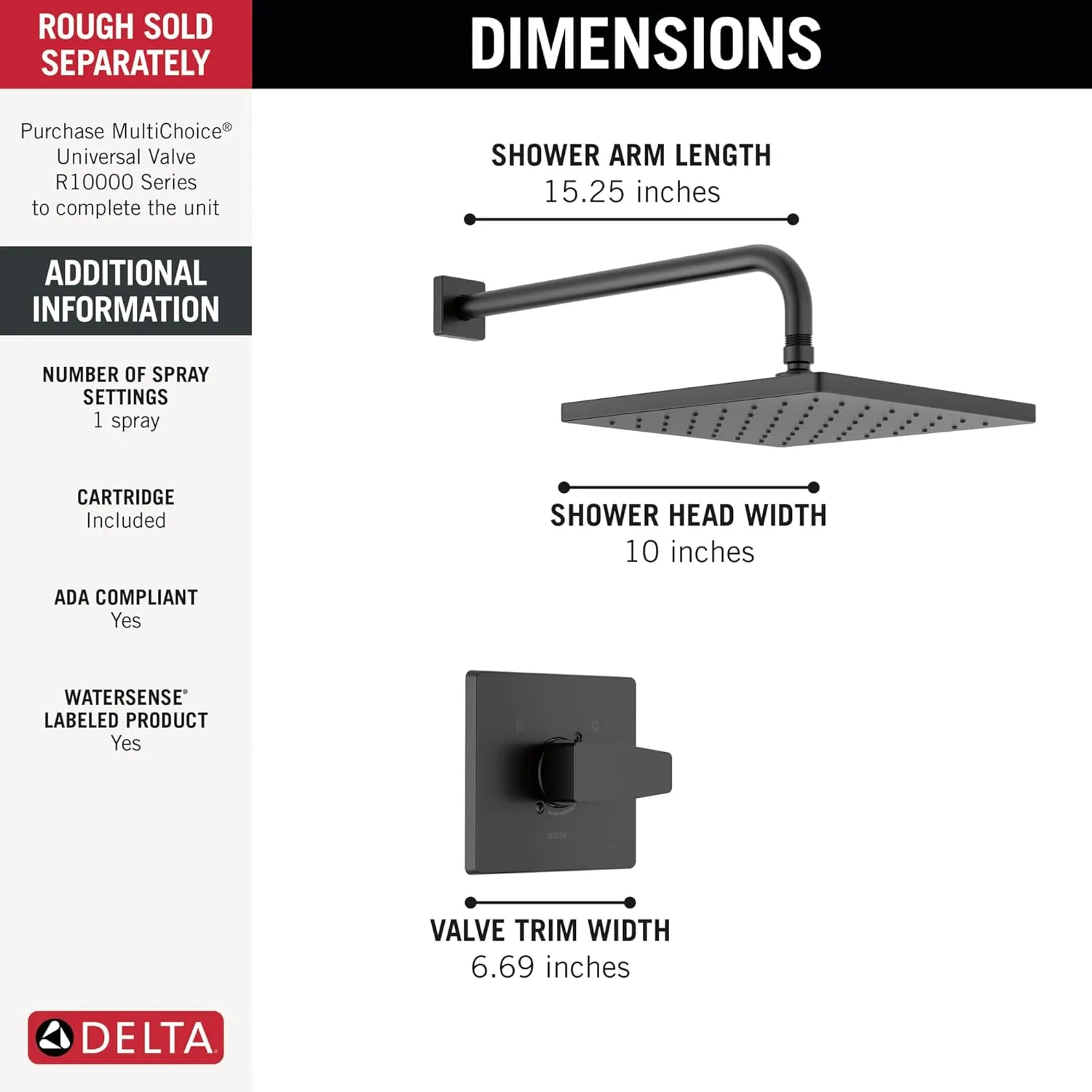 Delta Faucet Modern Raincan Square Single-Function Shower Valve Trim Kit Black, Shower Faucet Set, Rainfall Shower Head Black, Delta Shower Trim Kit, Matte Black T14268-BL-PP (Valve Not Included)