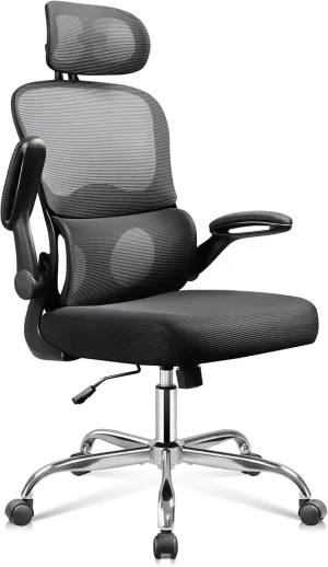 DEVAISE Ergonomic Mesh Office Chair with Lumbar Support, Swivel Comfy Home Office Chair with High Back, Flip-up Armrests with Breathable Mesh, Black