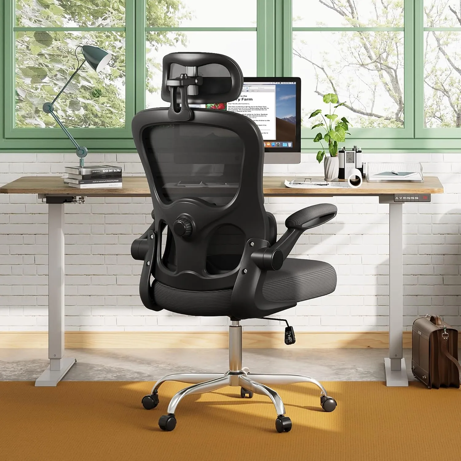 DEVAISE Ergonomic Mesh Office Chair with Lumbar Support, Swivel Comfy Home Office Chair with High Back, Flip-up Armrests with Breathable Mesh, Black
