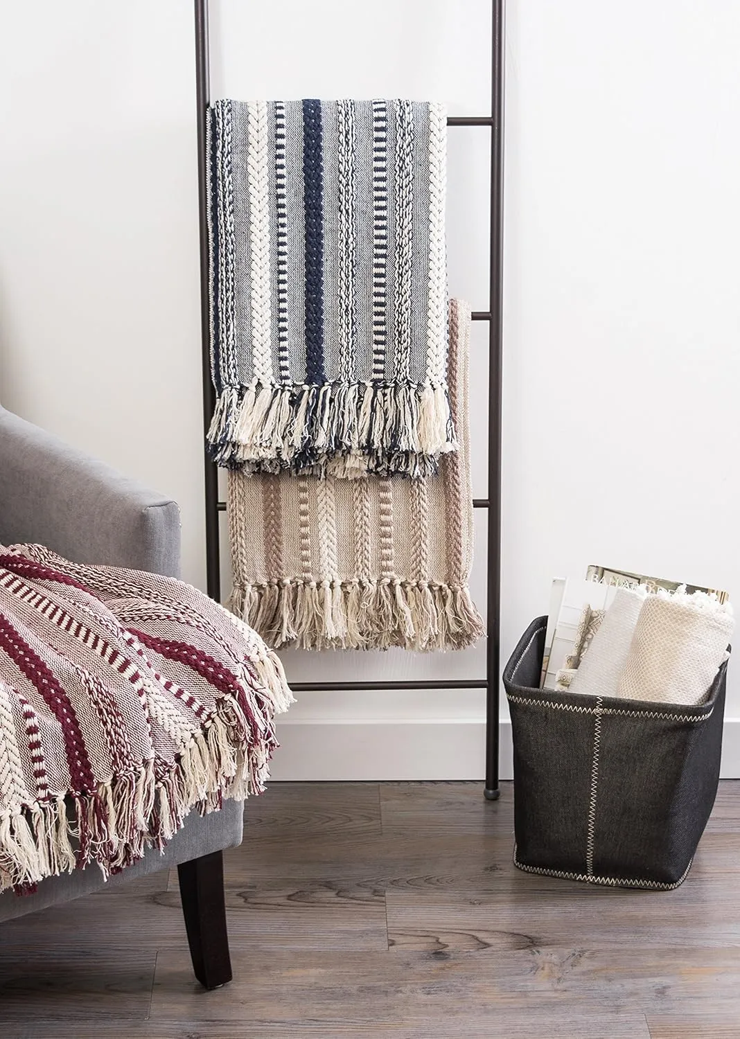 DII Braided Striped Decorative Throw Blanket, 50x60, BlackBerry