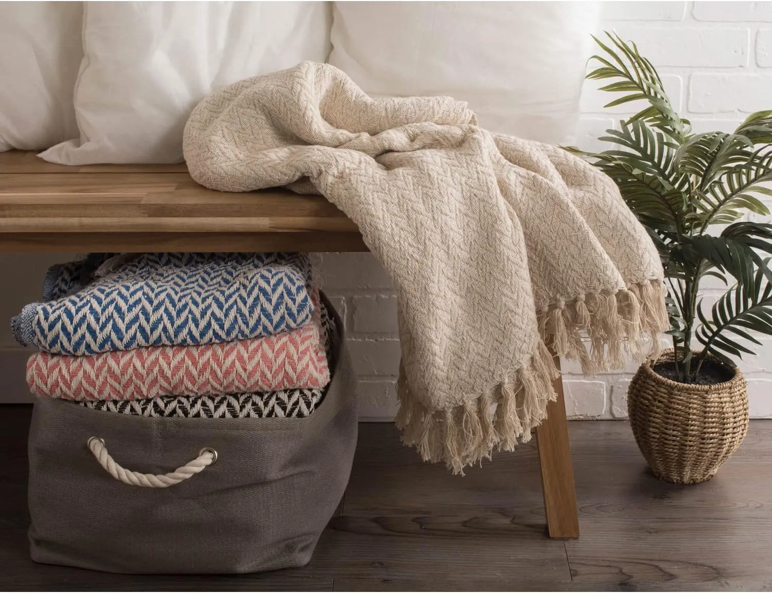 DII Modern Zig Zag Throw Blanket Woven Cotton, Hand-Knotted 2.5" Fringe, 50x60, Black