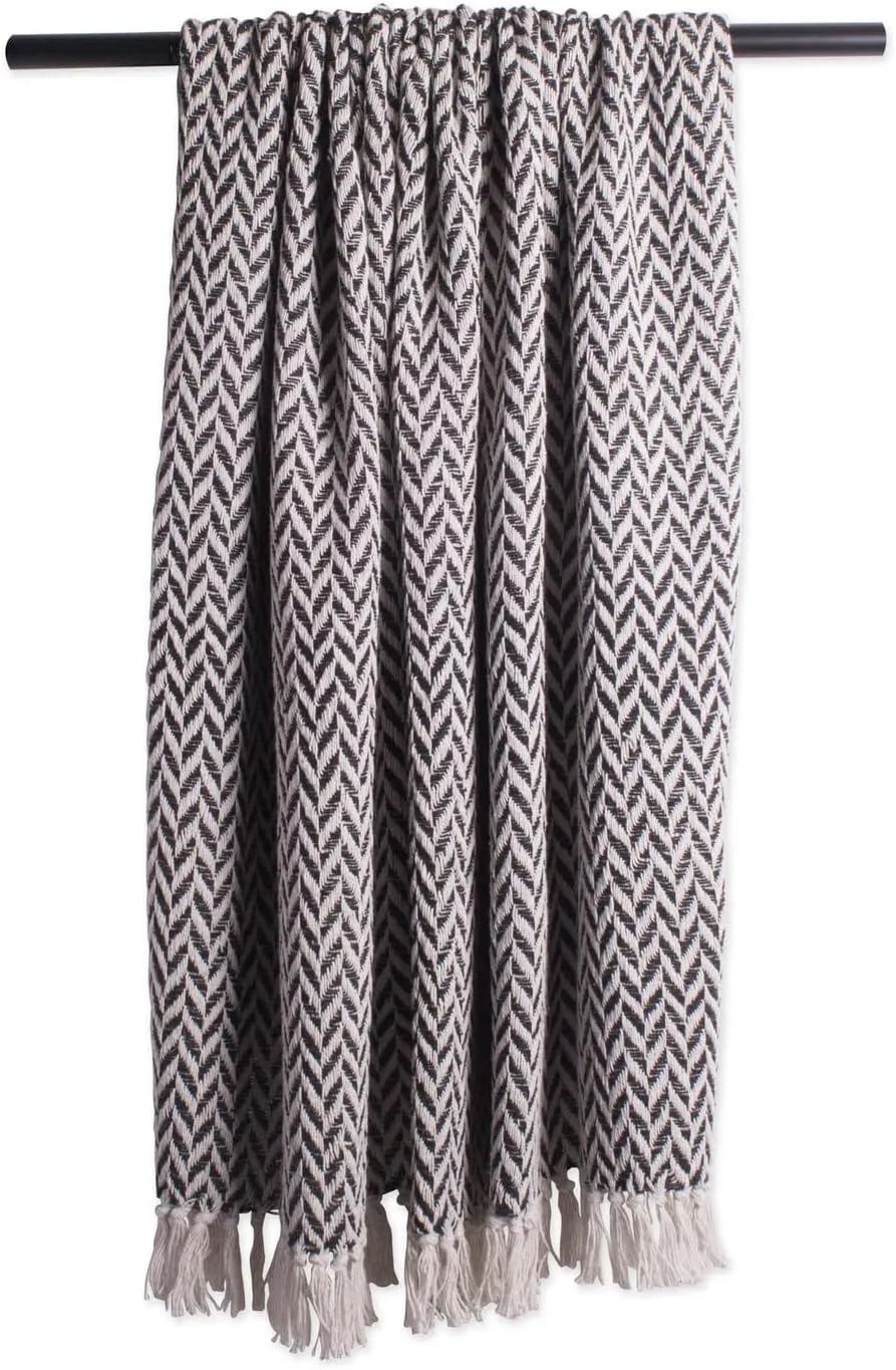 DII Modern Zig Zag Throw Blanket Woven Cotton, Hand-Knotted 2.5" Fringe, 50x60, Black
