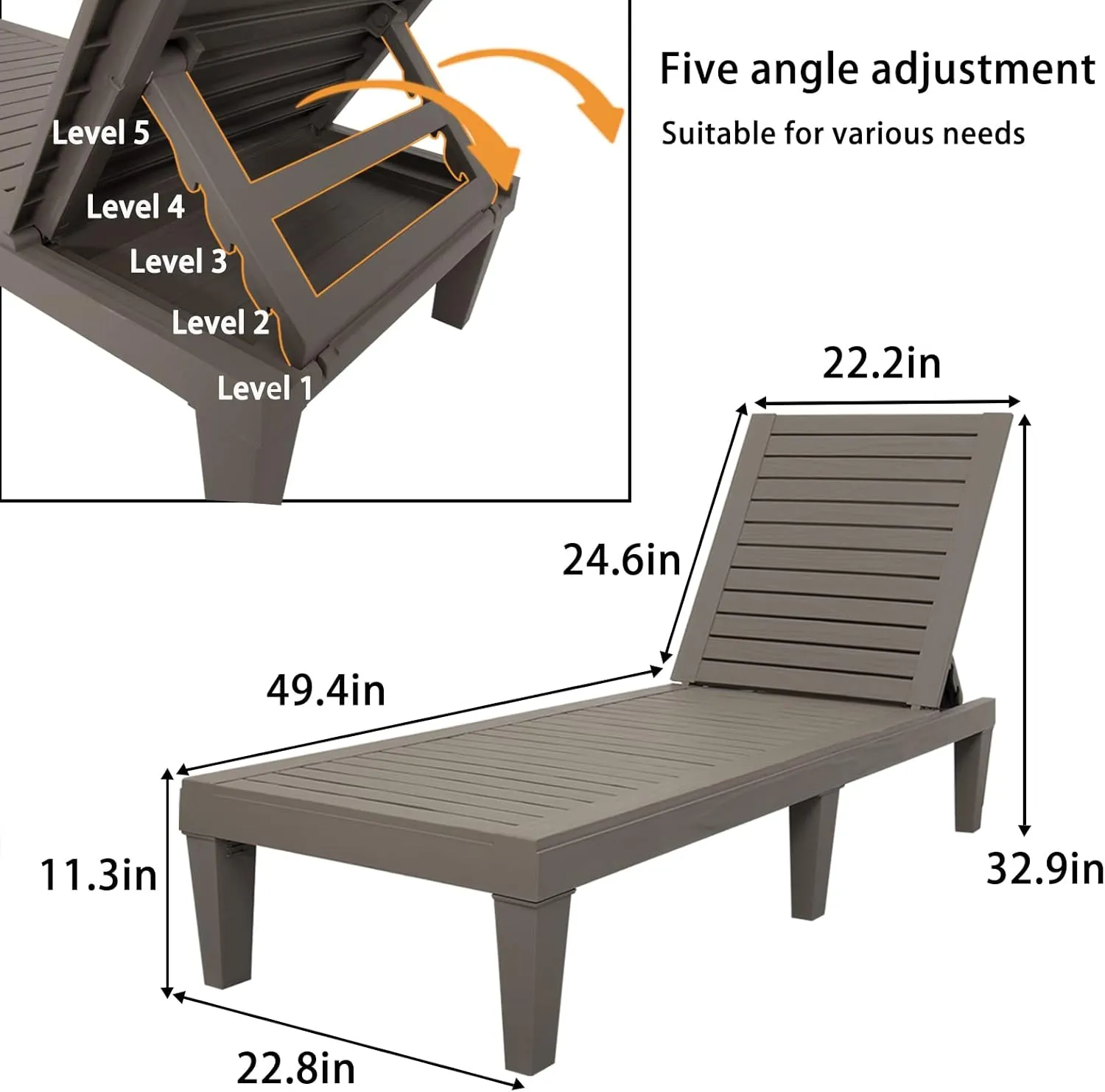 DIMAR GARDEN Outdoor Chaise Lounge,Resin Pool Lounge Chair Waterproof Recliner, Taupe