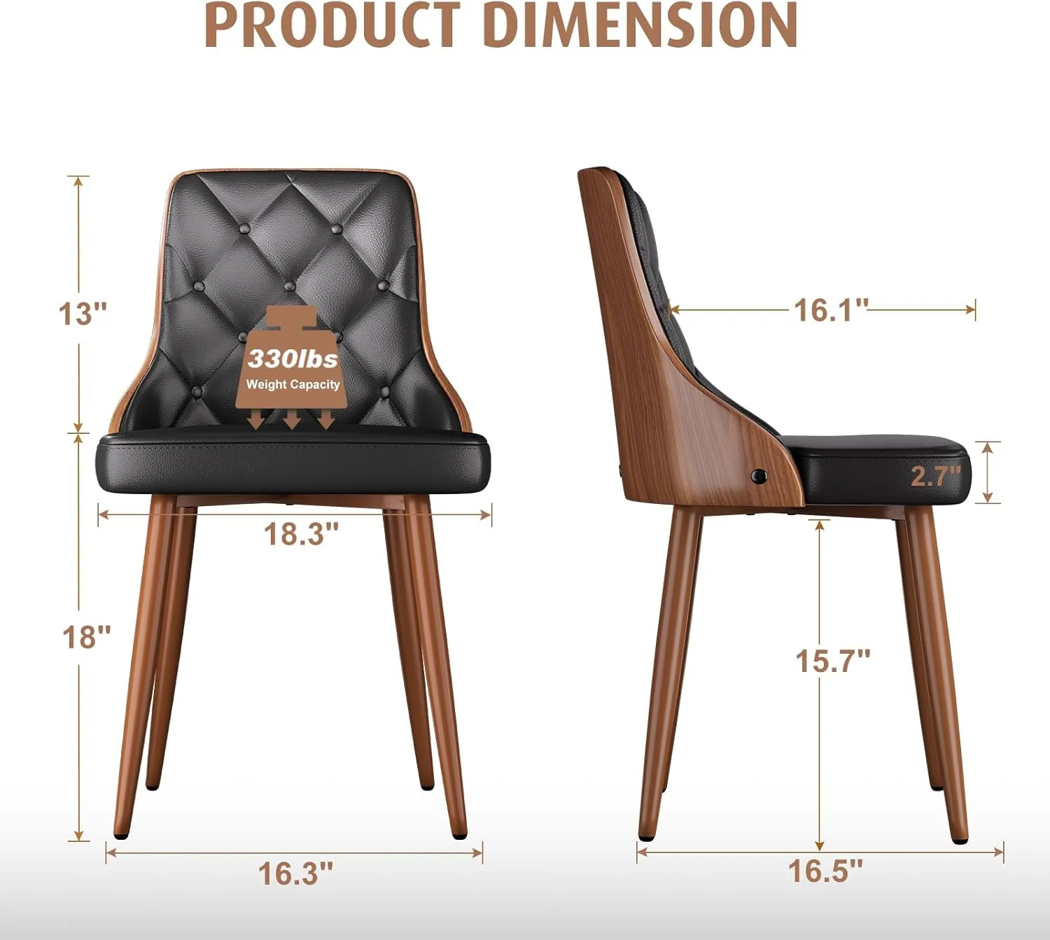 Dining Chairs Set of 2, Mid Century Modern Kitchen and Dining Room Chairs, Upholstered PU Leather Accent Chairs with Walnut Back and Iron Legs, Black