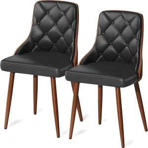 Dining Chairs Set of 2, Mid Century Modern Kitchen and Dining Room Chairs, Upholstered PU Leather Accent Chairs with Walnut Back and Iron Legs, Black