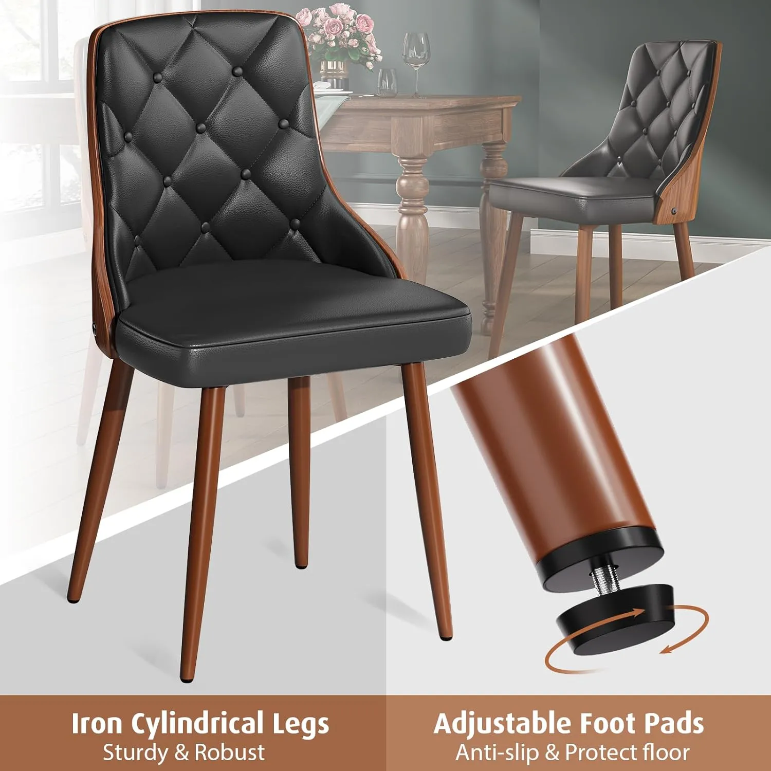 Dining Chairs Set of 2, Mid Century Modern Kitchen and Dining Room Chairs, Upholstered PU Leather Accent Chairs with Walnut Back and Iron Legs, Black