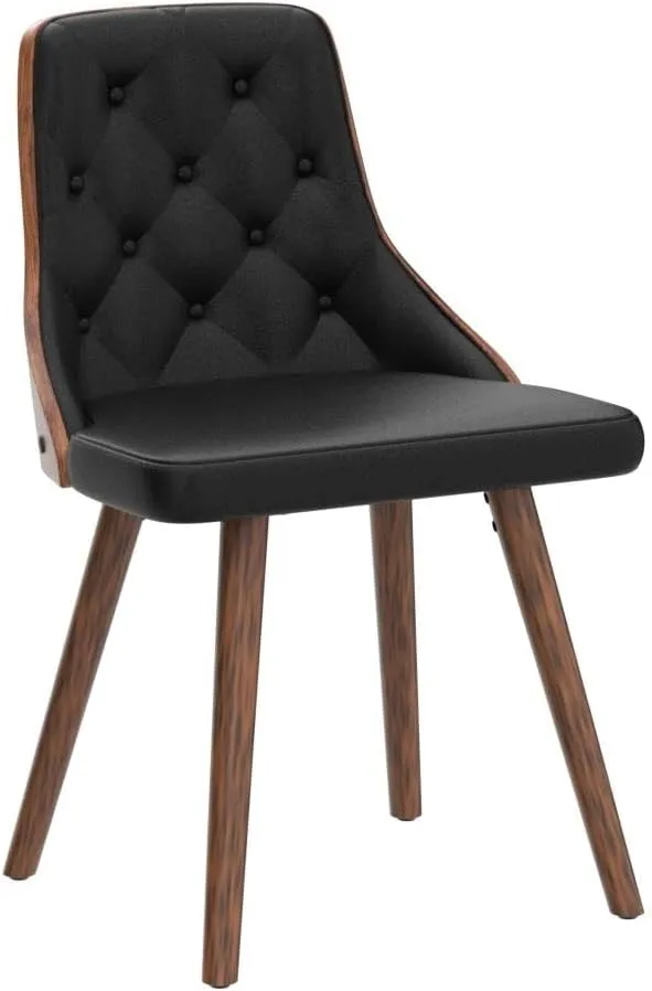 Dining Chairs Set of 2, Mid Century Modern Kitchen and Dining Room Chairs, Upholstered PU Leather Accent Chairs with Walnut Back and Iron Legs, Black