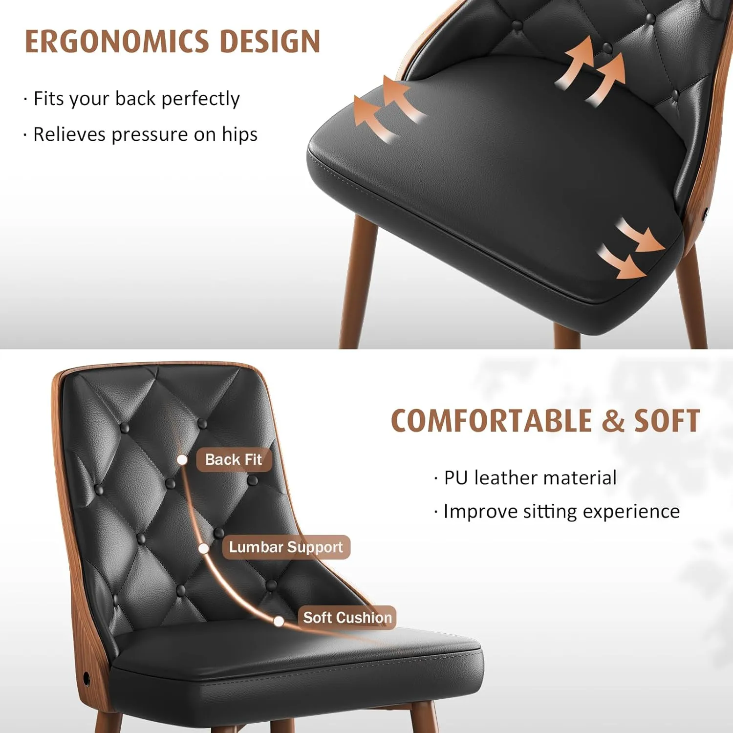 Dining Chairs Set of 2, Mid Century Modern Kitchen and Dining Room Chairs, Upholstered PU Leather Accent Chairs with Walnut Back and Iron Legs, Black