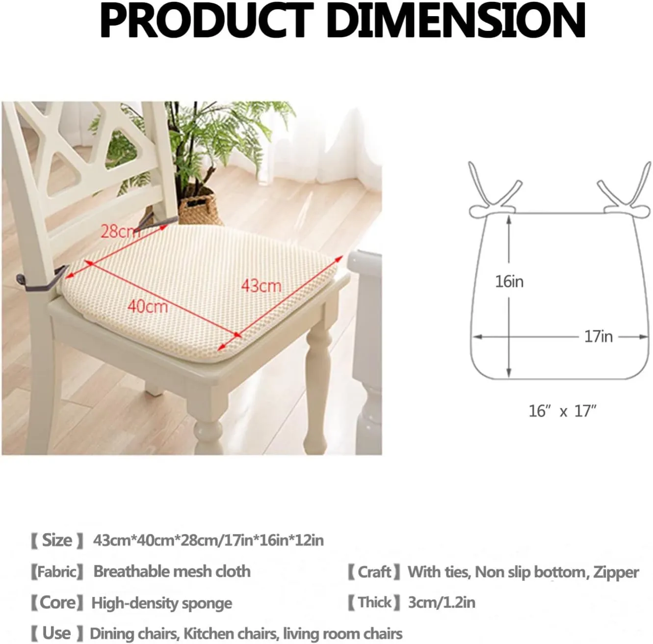 Dining Room Chair Cushion Covers Washable, Chair Seat Cushion Replacement, Summer Breathable Mesh Chair Pads with Ties, U Shaped Kitchen Chair Pads with Anti-Slip Rubber Back Sky Blue