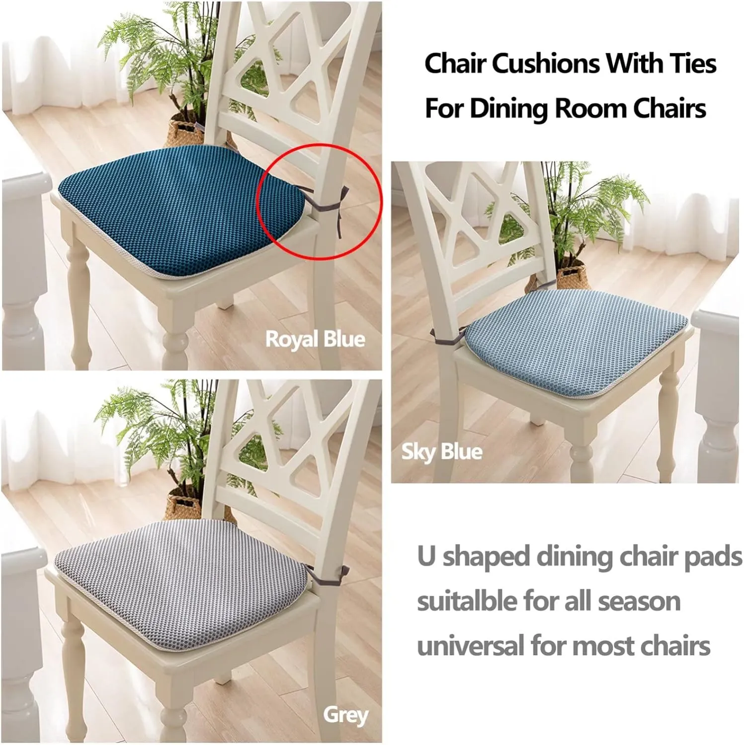 Dining Room Chair Cushion Covers Washable, Chair Seat Cushion Replacement, Summer Breathable Mesh Chair Pads with Ties, U Shaped Kitchen Chair Pads with Anti-Slip Rubber Back Sky Blue