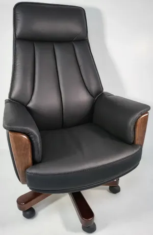 Director Chair for office Traditional High-Black Leatherette with Recliner & fixed arms Adjustable Height and Wooden Base and Walnut Polish