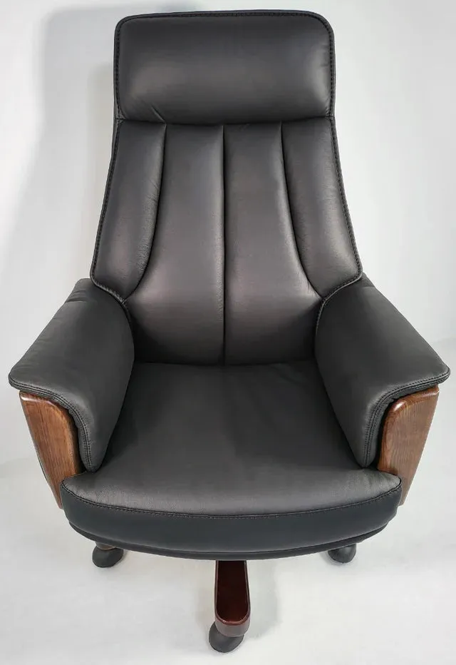 Director Chair for office Traditional High-Black Leatherette with Recliner & fixed arms Adjustable Height and Wooden Base and Walnut Polish