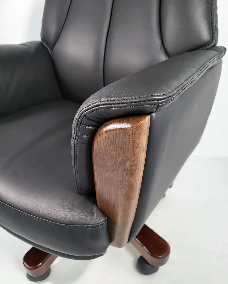 Director Chair for office Traditional High-Black Leatherette with Recliner & fixed arms Adjustable Height and Wooden Base and Walnut Polish
