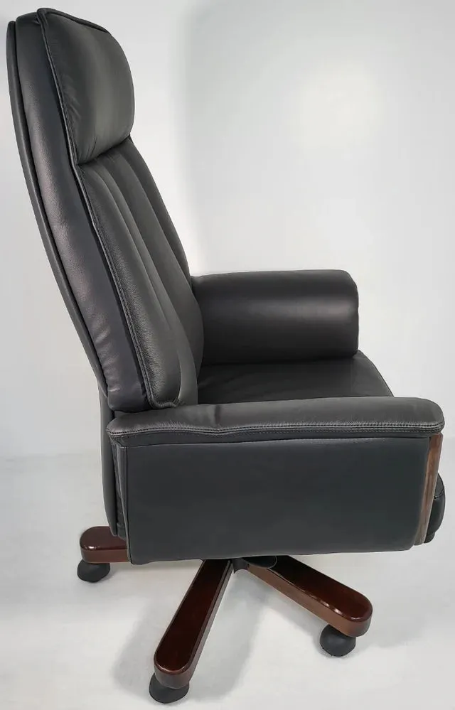 Director Chair for office Traditional High-Black Leatherette with Recliner & fixed arms Adjustable Height and Wooden Base and Walnut Polish