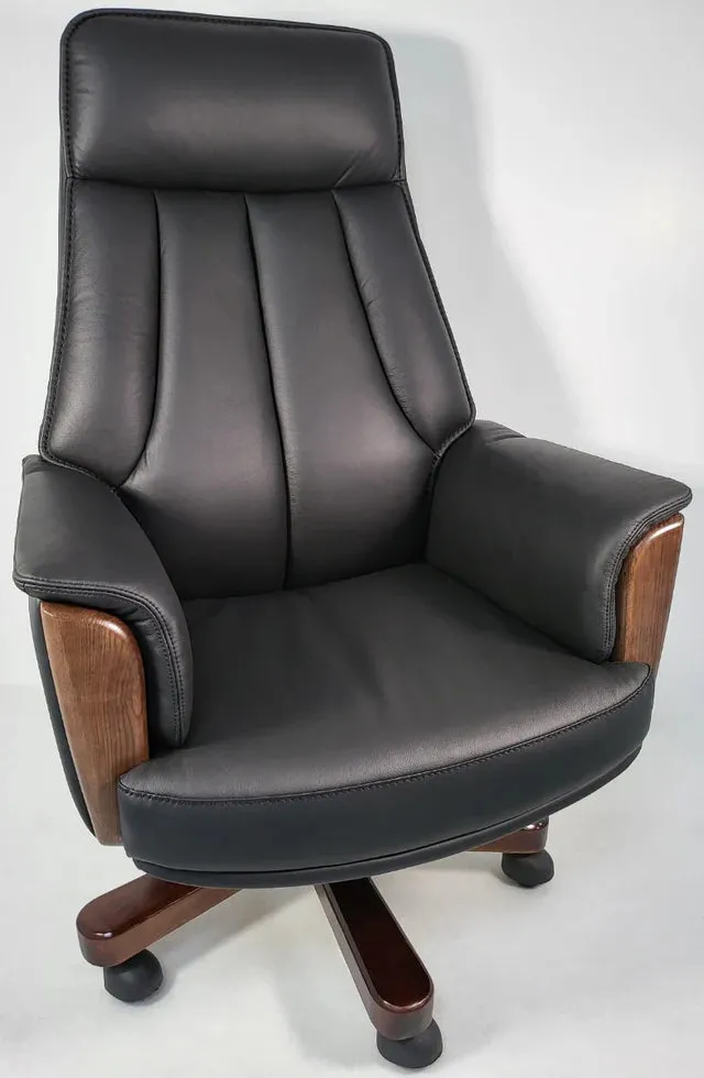 Director Chair for office Traditional High-Black Leatherette with Recliner & fixed arms Adjustable Height and Wooden Base and Walnut Polish