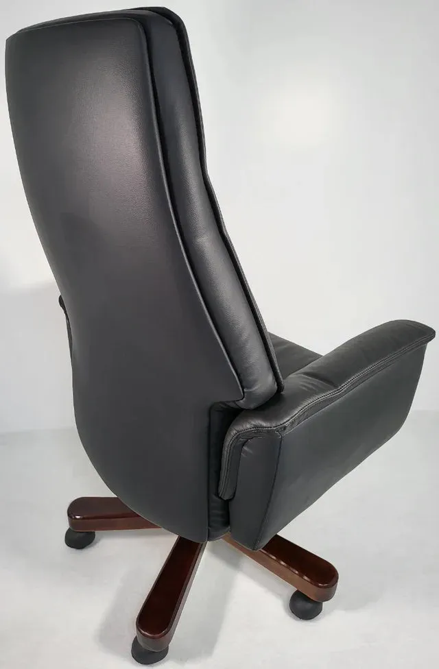 Director Chair for office Traditional High-Black Leatherette with Recliner & fixed arms Adjustable Height and Wooden Base and Walnut Polish
