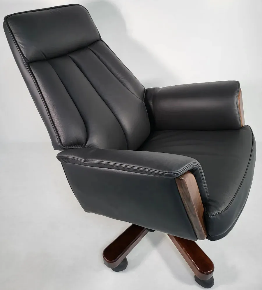 Director Chair for office Traditional High-Black Leatherette with Recliner & fixed arms Adjustable Height and Wooden Base and Walnut Polish