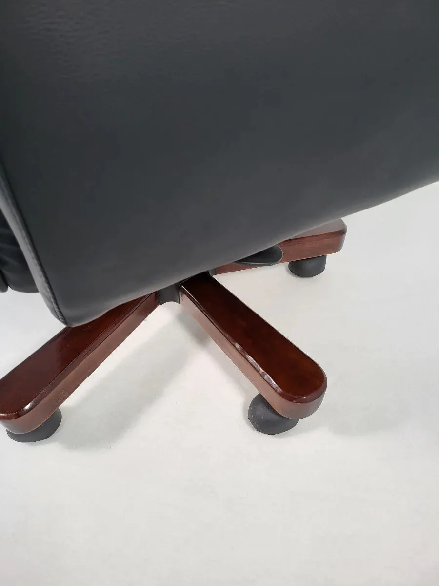 Director Chair for office Traditional High-Black Leatherette with Recliner & fixed arms Adjustable Height and Wooden Base and Walnut Polish