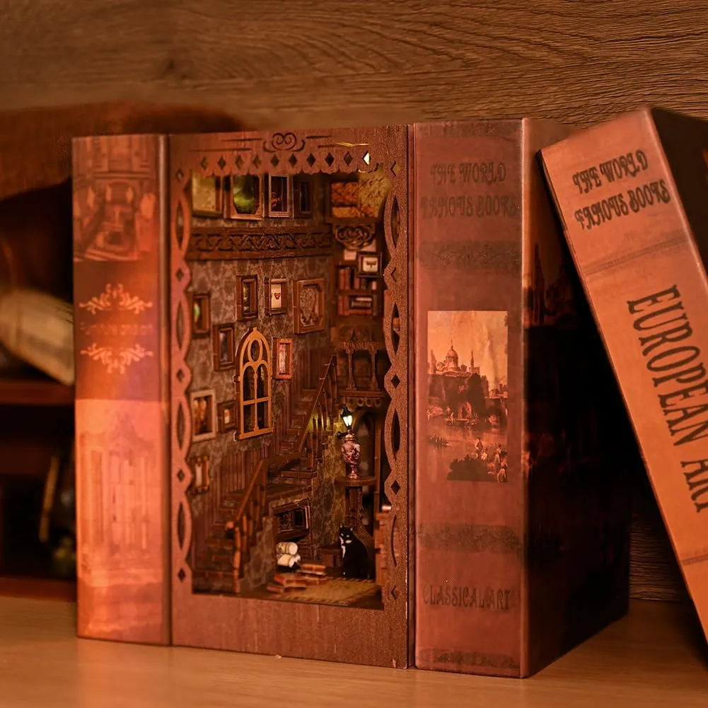 DIY Book Nook Kit - 3D Wooden Puzzle Miniature Dollhouse Kits Bookshelf Insert Decor Bookend Model, Booknook Kit Building Set with LED Light, for Teens Adults (Scholarly Dreamland)