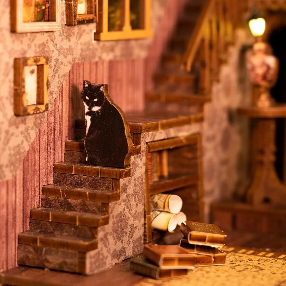 DIY Book Nook Kit - 3D Wooden Puzzle Miniature Dollhouse Kits Bookshelf Insert Decor Bookend Model, Booknook Kit Building Set with LED Light, for Teens Adults (Scholarly Dreamland)