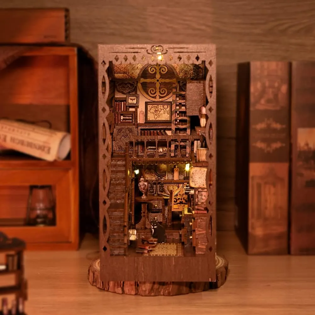 DIY Book Nook Kit - 3D Wooden Puzzle Miniature Dollhouse Kits Bookshelf Insert Decor Bookend Model, Booknook Kit Building Set with LED Light, for Teens Adults (Scholarly Dreamland)