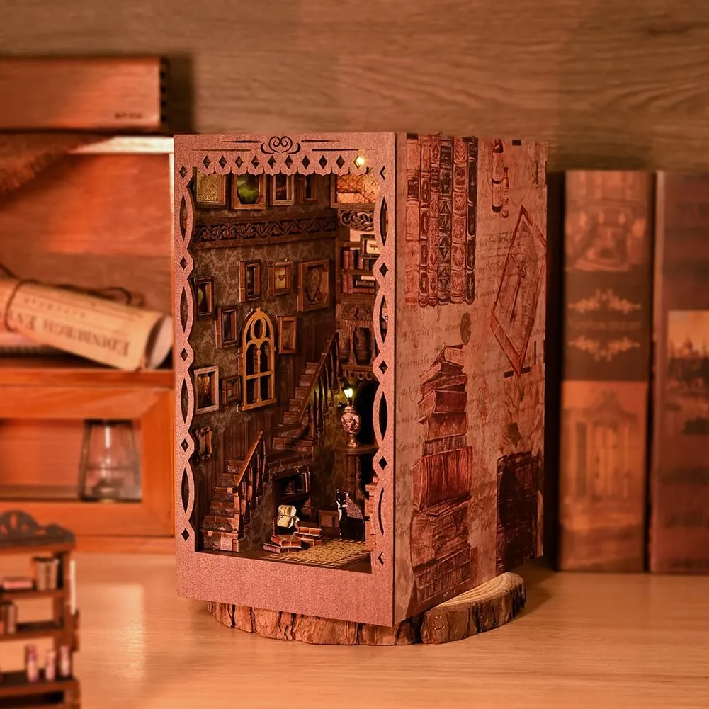 DIY Book Nook Kit - 3D Wooden Puzzle Miniature Dollhouse Kits Bookshelf Insert Decor Bookend Model, Booknook Kit Building Set with LED Light, for Teens Adults (Scholarly Dreamland)