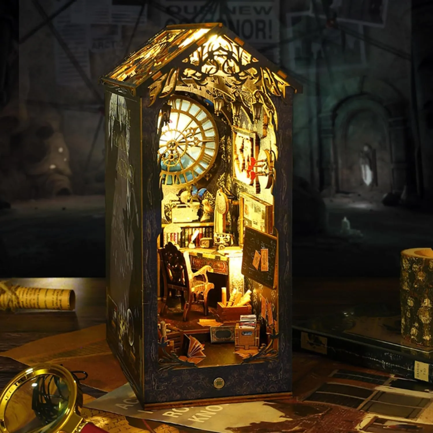 DIY Book Nook Kit - DIY Miniature Dolls House Kit with Furniture and LED Light, 3D Puzzle Wooden Art Bookends, Model Kits for Adults to Build (Detective Agency)