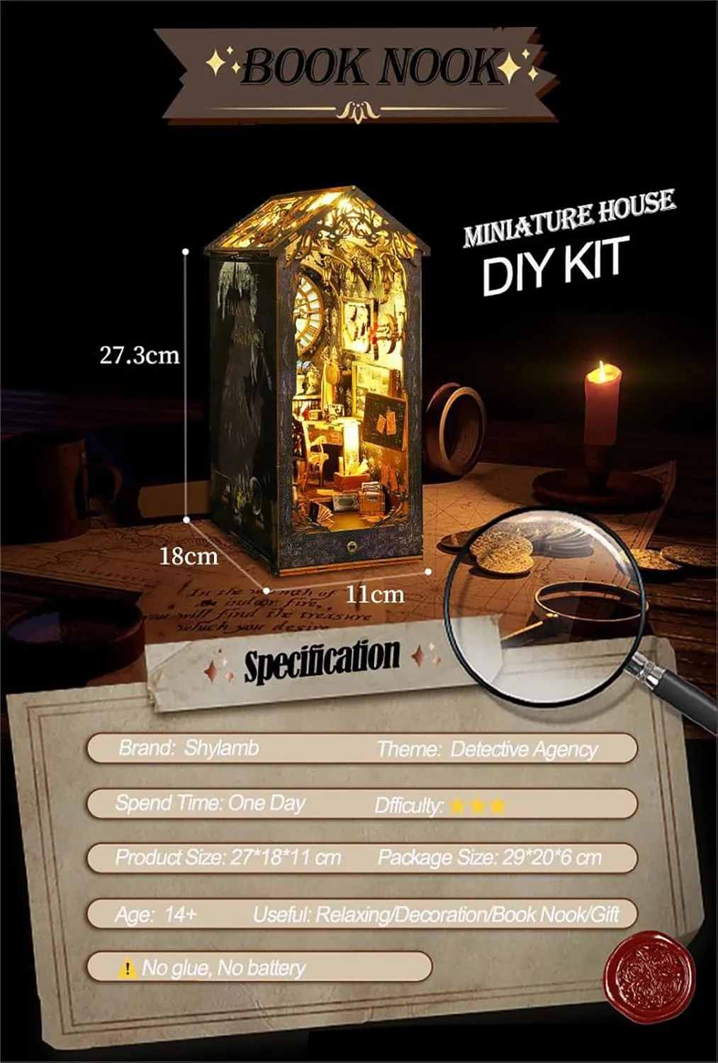 DIY Book Nook Kit - DIY Miniature Dolls House Kit with Furniture and LED Light, 3D Puzzle Wooden Art Bookends, Model Kits for Adults to Build (Detective Agency)