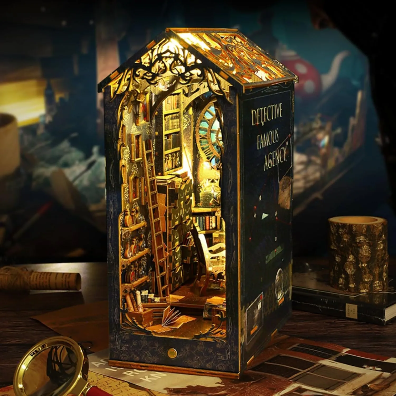 DIY Book Nook Kit - DIY Miniature Dolls House Kit with Furniture and LED Light, 3D Puzzle Wooden Art Bookends, Model Kits for Adults to Build (Detective Agency)