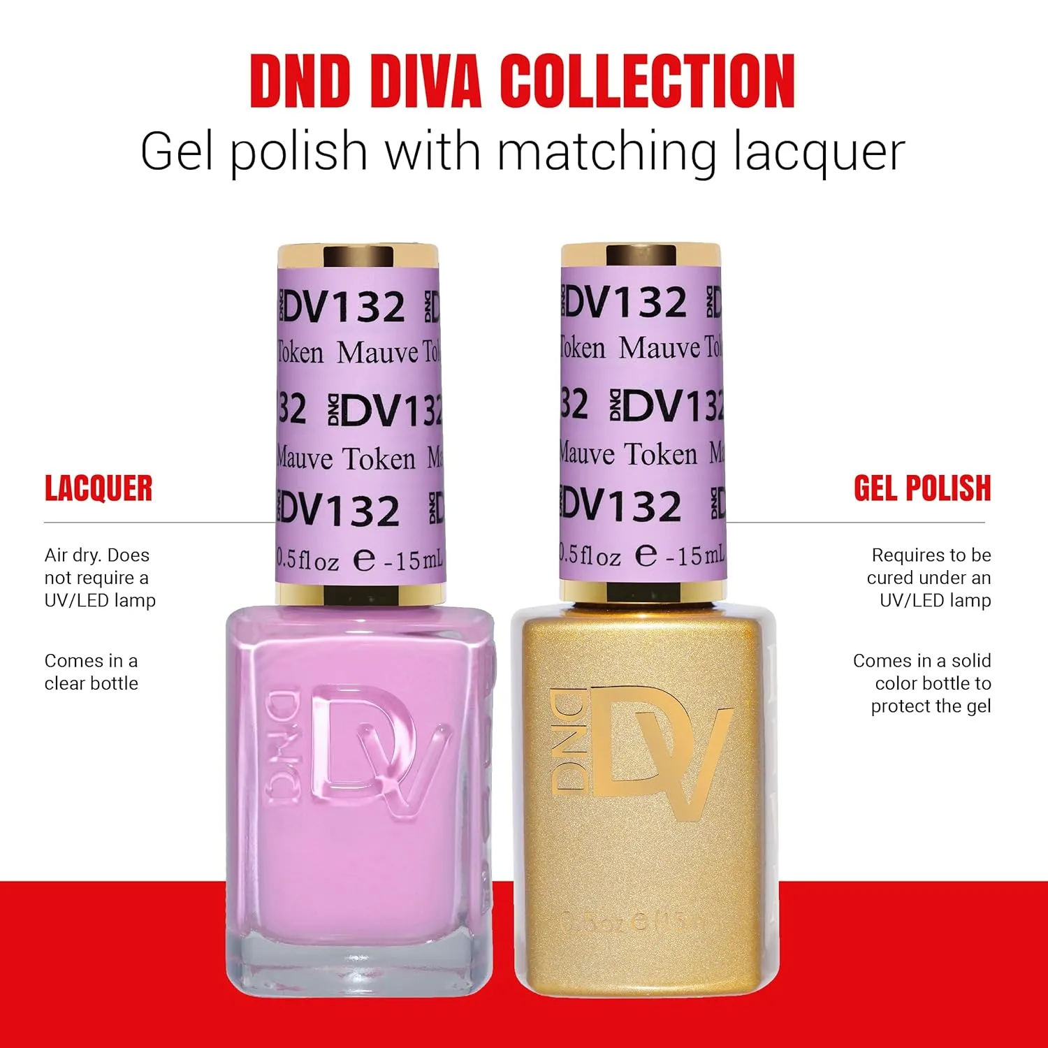 DND Diva Gel Polish Set, Soda Poppin Collection, UV/LED Gel Polish and Air Dry Nail Lacquer, Matching Chip-Free Polish Duo, 132 Mauve Token, 0.5 Fl Oz