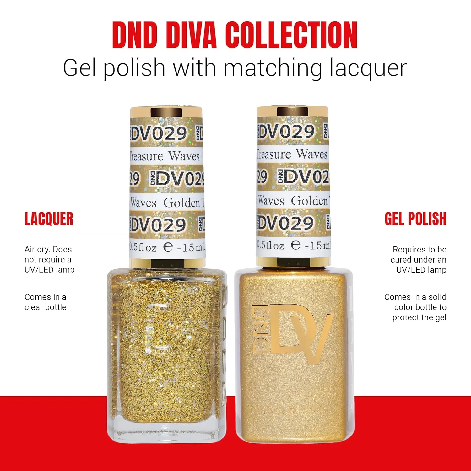 DND Gel Diva Polish Set, Mirrorball Collection, UV/LED Gel Polish and Air Dry Nail Lacquer, Matching Chip-Free Polish Duo, Gold029 Golden Treasure Waves, 0.5 Fl Oz Each