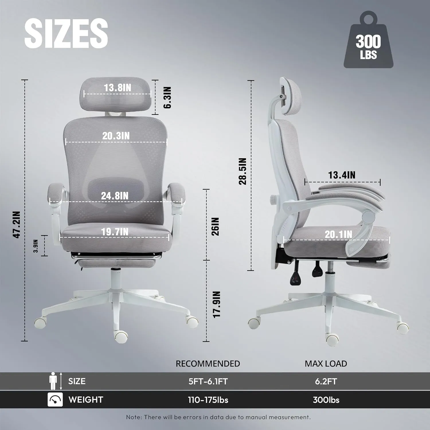 Dowinx Ergonomic Office Chair Breathable Mesh Computer Chair with Spring Cushion,Desk Chair with Adjustable Lumbar Support and Headrest,Swivel Task Chair with Footrest and Steel Base Grey