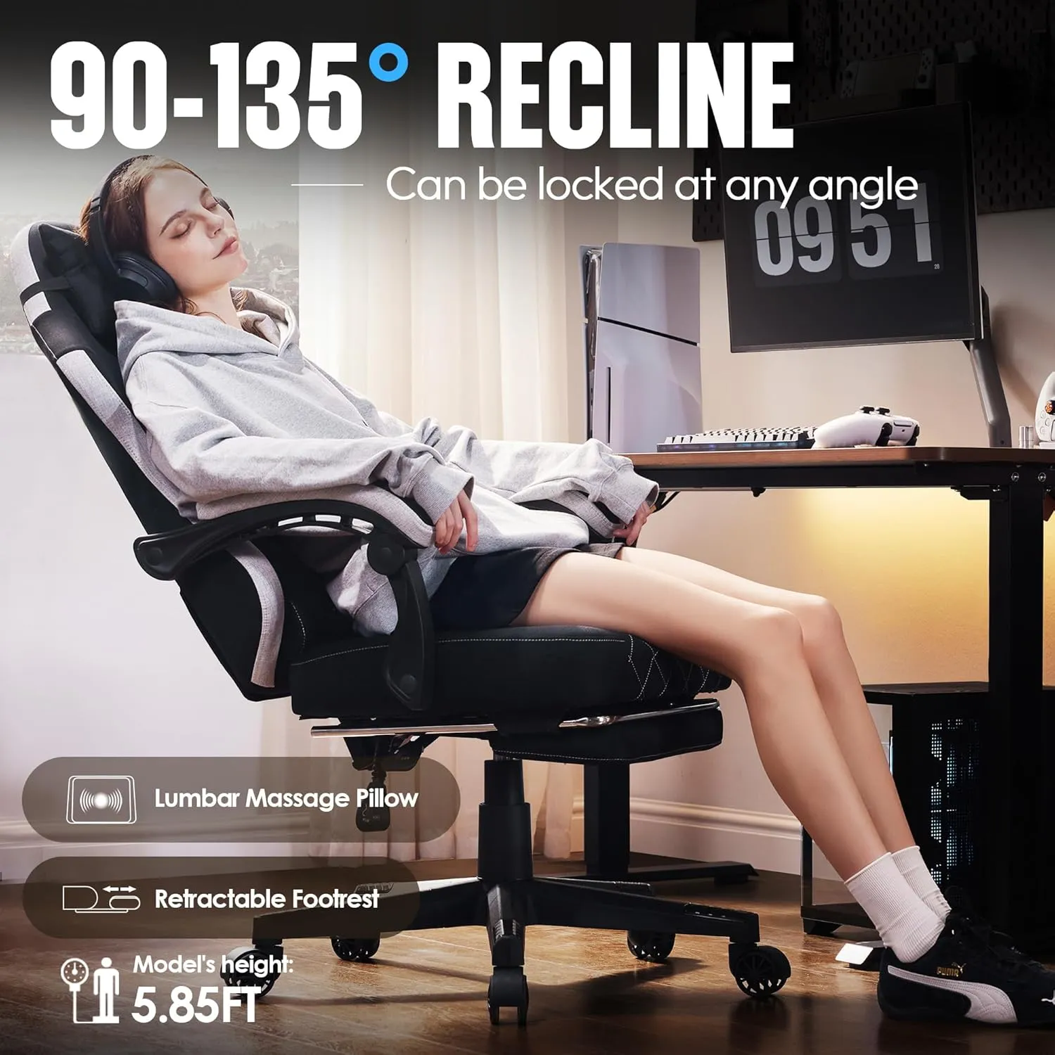 Dowinx Fabric Gaming Chair, Ergonomic Computer Chair with Footrest and Pocket Spring Cushion, Height Adjustable Video Gamer Chair with Lumbar Support for Adults, Black