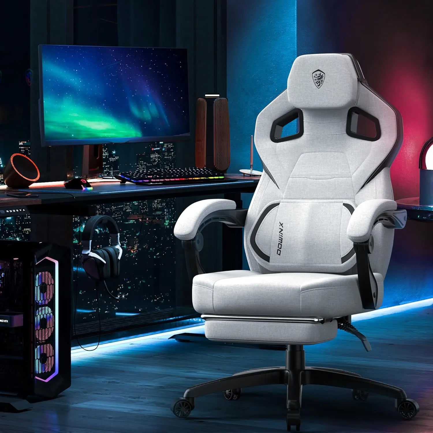 Dowinx Fabric Gaming Chair with Footrest, Big and Tall Gaming Chair for Heavy People, Wide Back Gamer Chair for Adult, Computer Game Chair with Massage for 200lbs, Grey