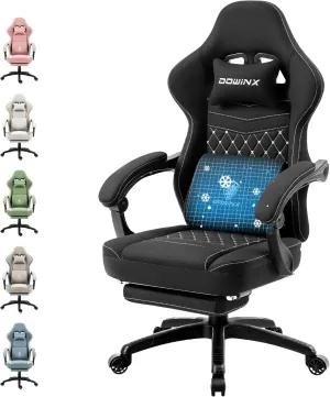 Dowinx Gaming Chair Breathable Fabric with Gel Pad, Ergonomic Game Chair with Pocket Spring Cushion, Comfortable Office Chair with Footrest and Storage Bag for Adults, Black