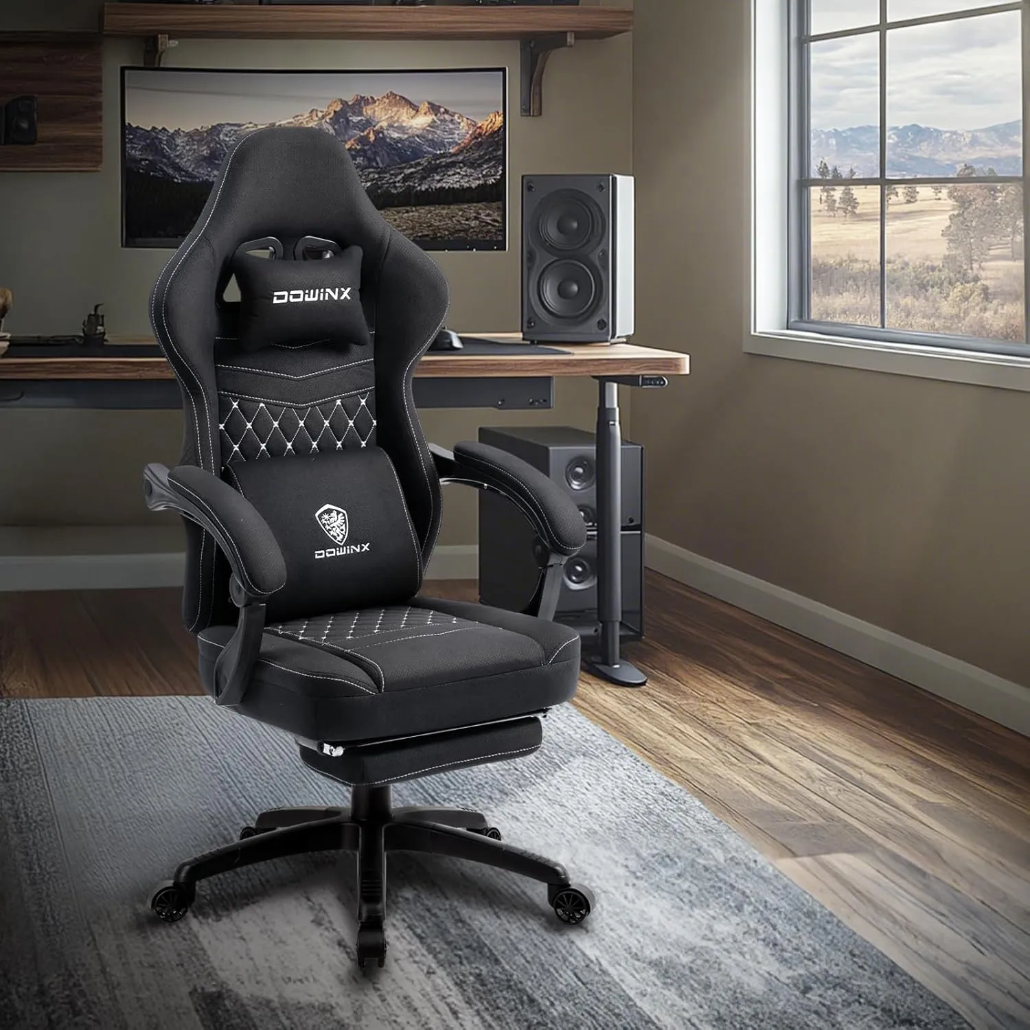 Dowinx Gaming Chair Breathable Fabric with Gel Pad, Ergonomic Game Chair with Pocket Spring Cushion, Comfortable Office Chair with Footrest and Storage Bag for Adults, Black