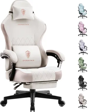 Dowinx Gaming Chair Fabric with Pocket Spring Cushion, High Back Ergonomic Computer Chair with Footrest for Adults, Massage Lumbar Support Swivel Game Chair for Office Gaming 300LBS, Beige