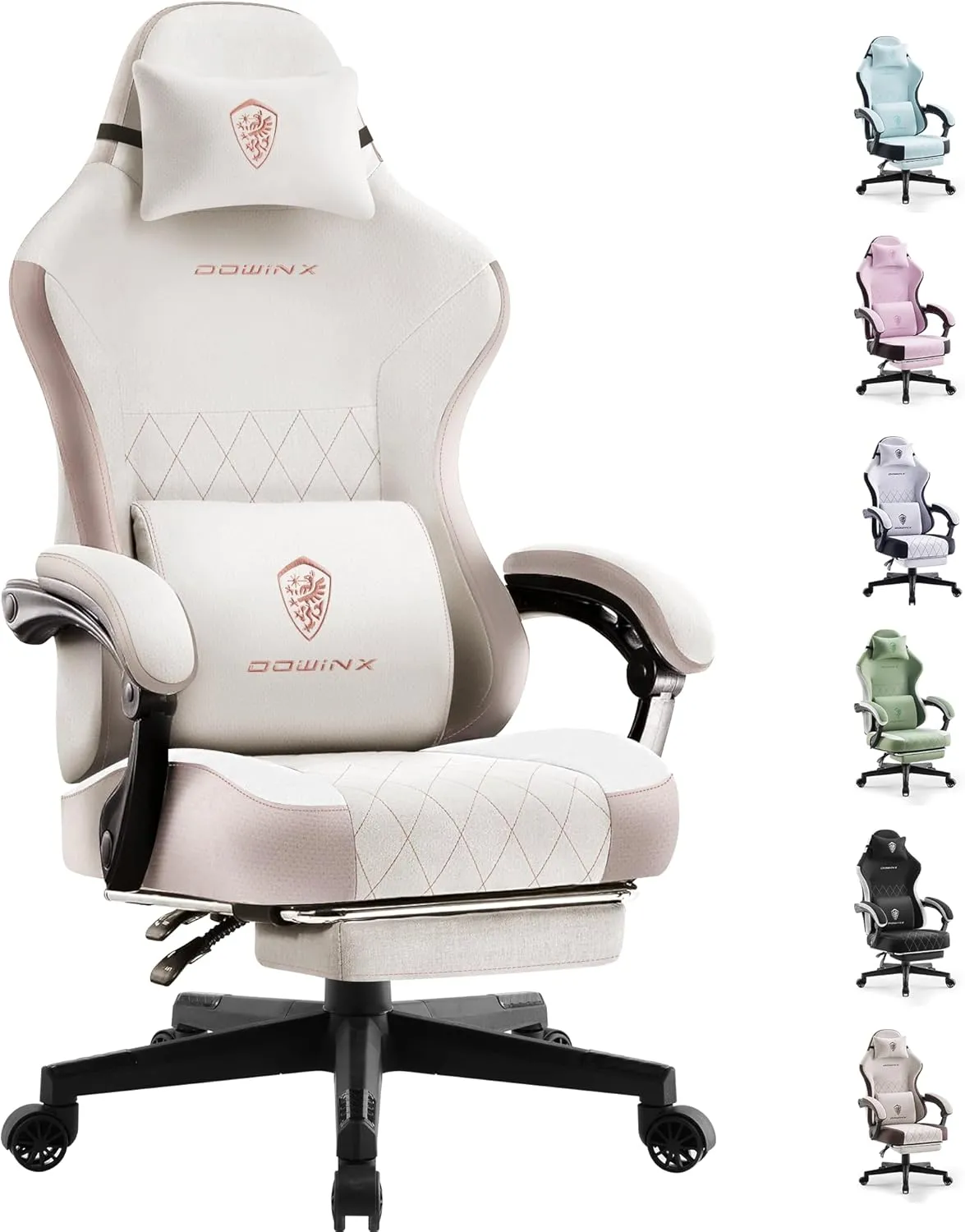 Dowinx Gaming Chair Fabric with Pocket Spring Cushion, High Back Ergonomic Computer Chair with Footrest for Adults, Massage Lumbar Support Swivel Game Chair for Office Gaming 300LBS, Beige