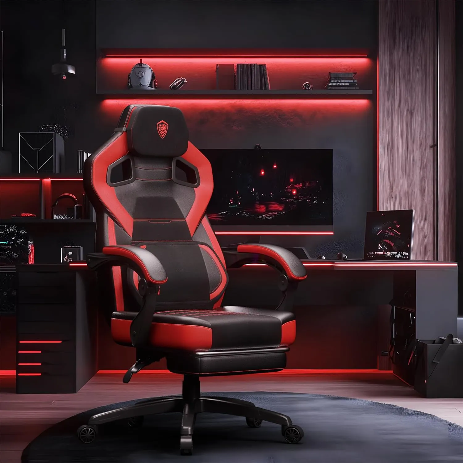 Dowinx PU Leather Gaming Chair with Footrest, Big and Tall Ergonomic Computer Chair with Lumbar Support, Wide Back Gamer Chair for Heavy People, Red