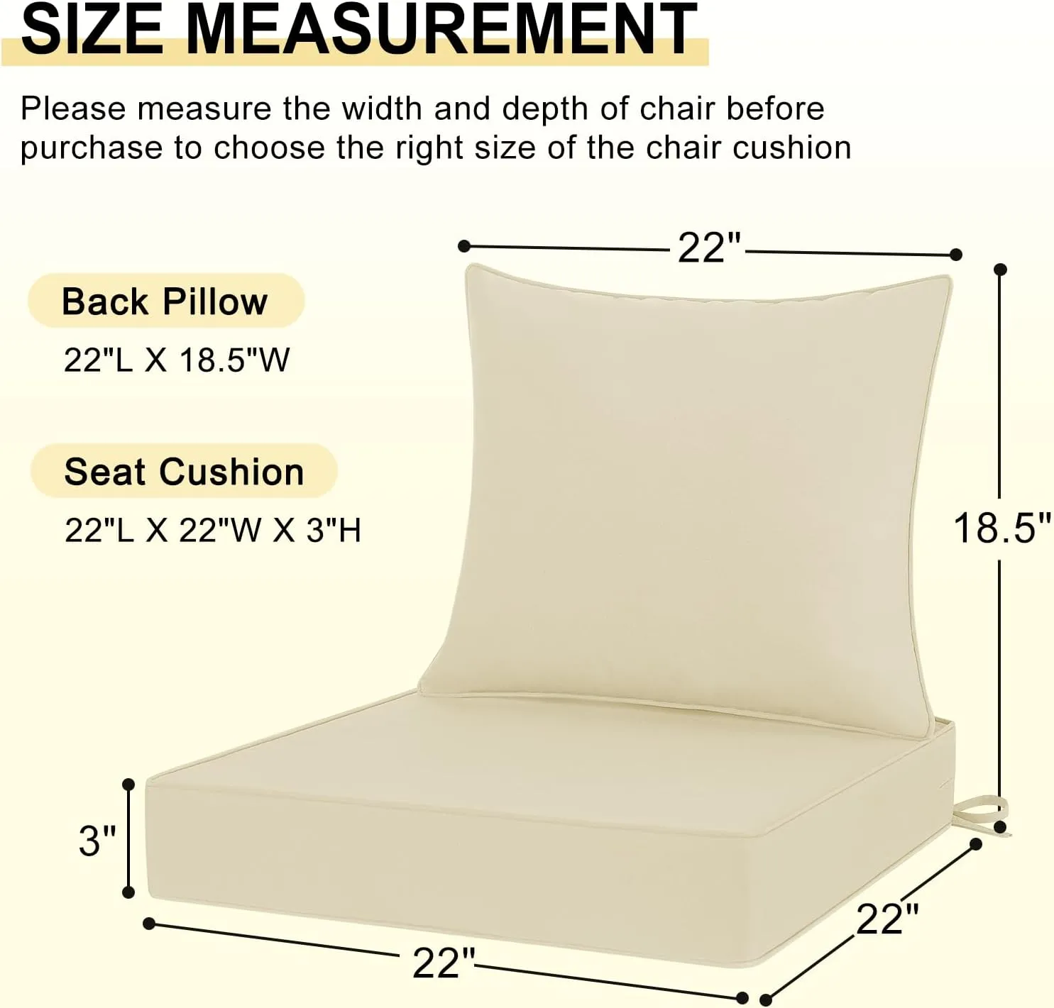 downluxe Waterproof Outdoor Chair Cushions 22x22, Outdoor Cushions for Patio Furniture with Removable Cover, Outdoor Deep Seat Patio Cushion Set with Backrest for Sofa, Couch and Patio Chairs, Beige
