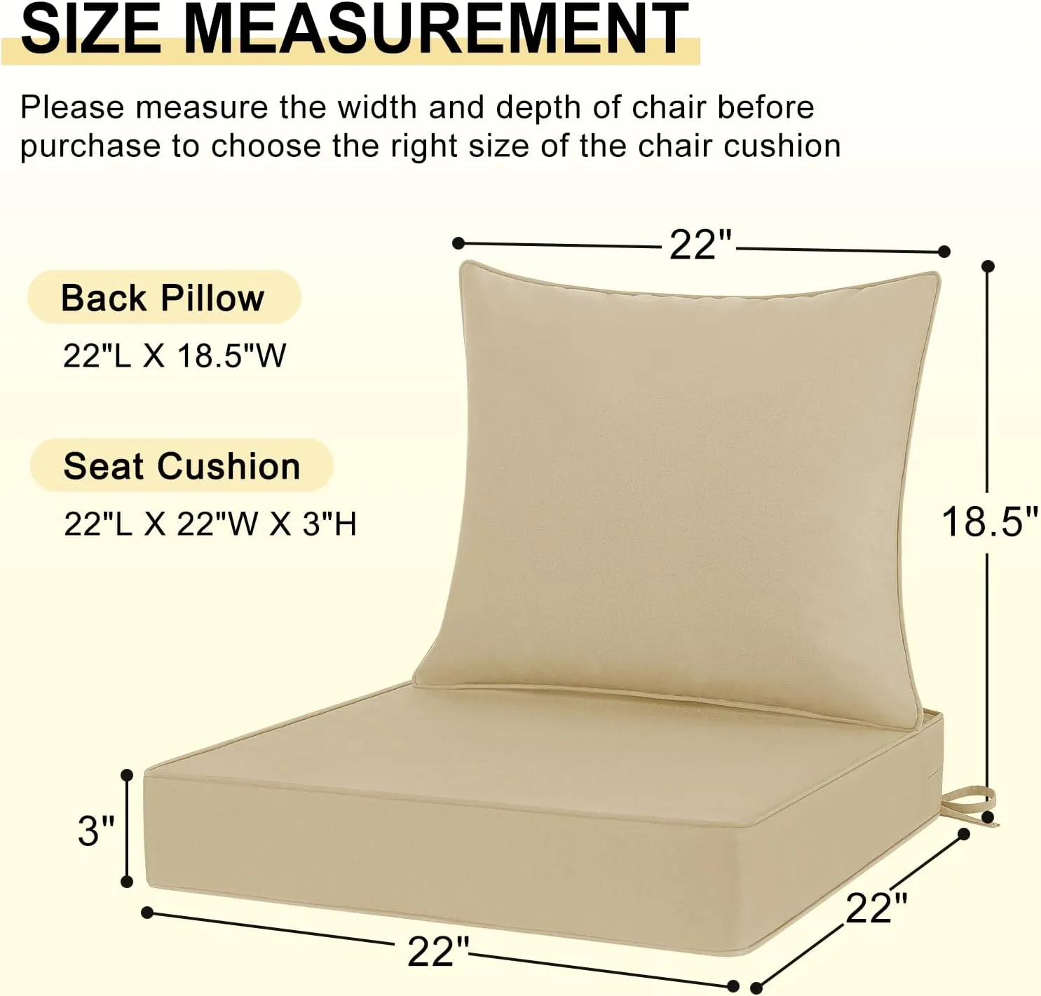 downluxe Waterproof Outdoor Chair Cushions 22x22, Outdoor Cushions for Patio Furniture with Removable Cover, Outdoor Deep Seat Patio Cushion Set with Backrest for Sofa, Couch and Patio Chairs, Khaki