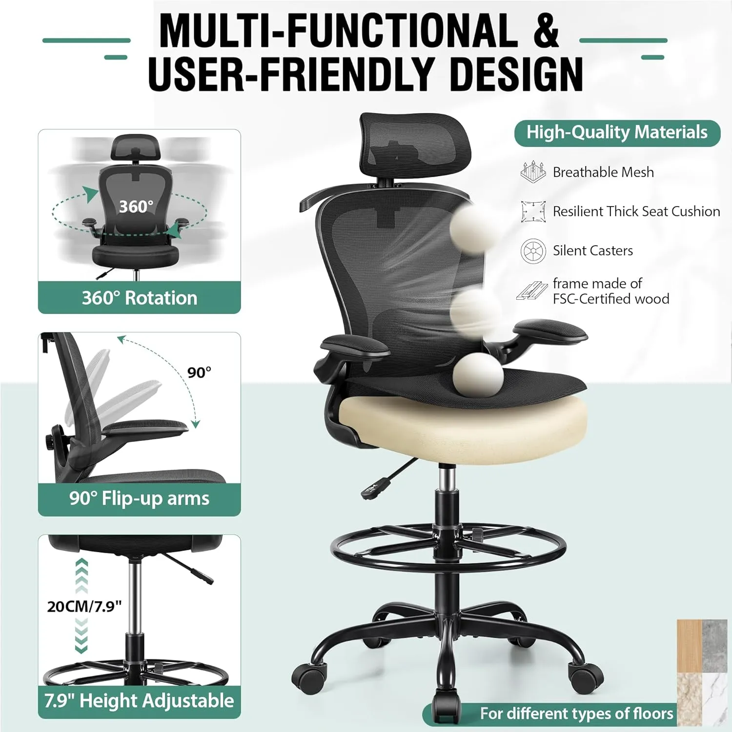 Drafting Chair, Tall Office Chair with 3D Lumbar & Head Support, Ergonomic Mesh Standing Desk Chair with Footring, Comfy Extended High Desk Chair with Flip-Up Arms & Hanger (Black)