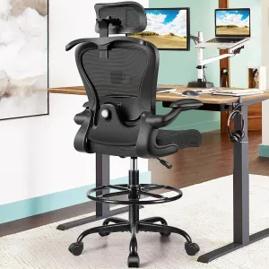 Drafting Chair, Tall Office Chair with 3D Lumbar & Head Support, Ergonomic Mesh Standing Desk Chair with Footring, Comfy Extended High Desk Chair with Flip-Up Arms & Hanger (Black)