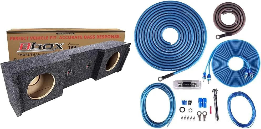 Dual 10 Inch Sealed Subwoofer Enclosure Fits 1999-2007 Chevrolet/GMC Silverado/Sierra Extended Cab Bundle with 4 Gauge Amplifier Wiring Kit - Blue, Copper Clad Aluminum