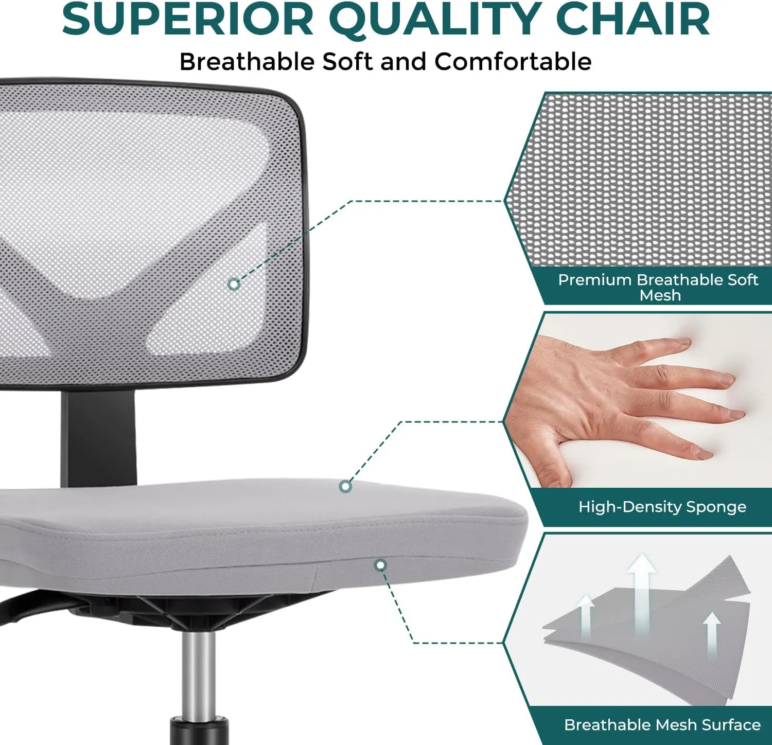 DUMOS Armless Desk Chairs, Cute Home Office Chair No Arms with Wheels, Ergonomic Adjustable Swivel Rolling Task Chair, Comfy Mesh Mid Back Computer Work Vanity Chair for Small Spaces, Light Grey